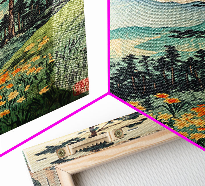 Orange Sun Mountain Forest With Wildflowers Wall Art, Japanese Woodblock Landscape Print, Nature Decor, Living Room Art Print