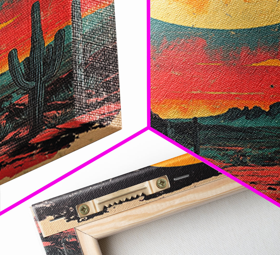 Neon Desert Sunset With Saguaro Cacti Canvas Print, Southwestern Wall Art, Retro Western Decor, Colorful Living Room Art
