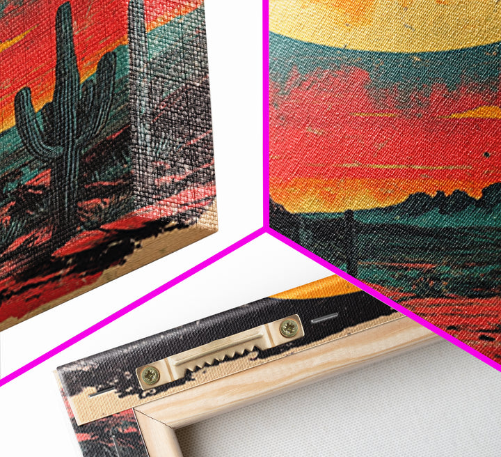 Neon Desert Sunset With Saguaro Cacti Canvas Print, Southwestern Wall Art, Retro Western Decor, Colorful Living Room Art