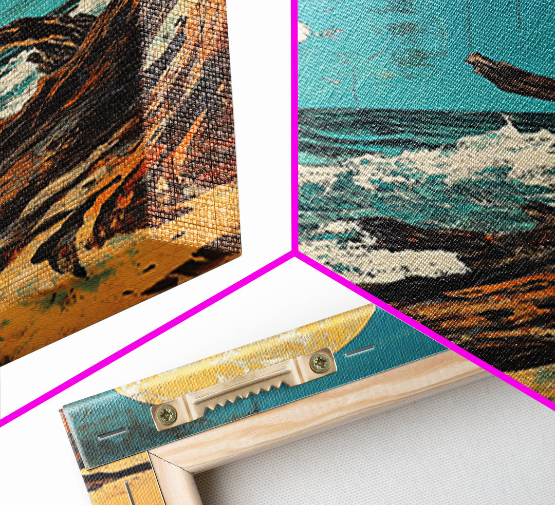 Driftwood Moonlit Ocean Waves Canvas Print, Japanese Coastal Wall Decor, Beach House Art, Teal Nautical Living Room Decor