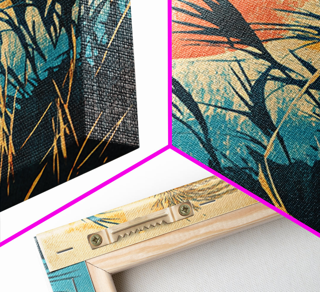 Tropical Reeds Orange Sun Canvas Print, Boho Coastal Wall Decor, Botanical Nature Art For Bedroom And Living Room Decor Gift