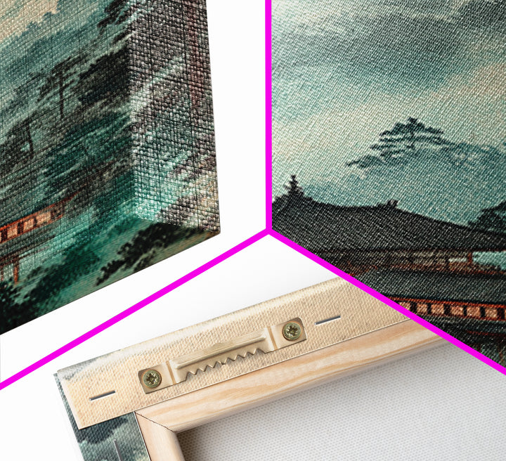 Misty Japanese Temple In Teal Mountains Wall Art, Asian Landscape Print, Japandi Decor, Zen Home Decor, Living Room Wall Art