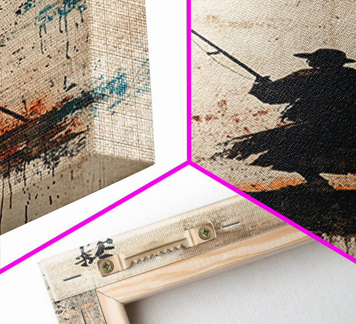 Silhouetted Fisherman Wall Art, Japanese Calligraphy Canvas Print, Minimalist Coastal Decor, Asian Ink Painting, Zen Home Decor