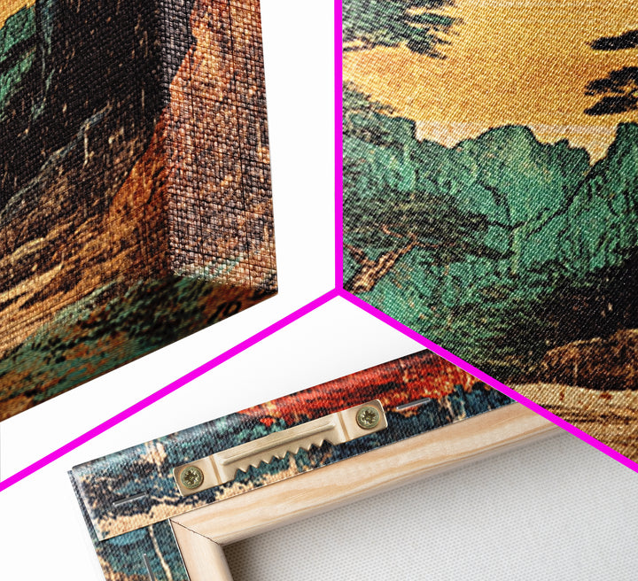 Cave Arch Forest Path And Mountain View Wall Art, Japanese Woodblock Style Print, Rustic Japandi Decor, Statement Artwork