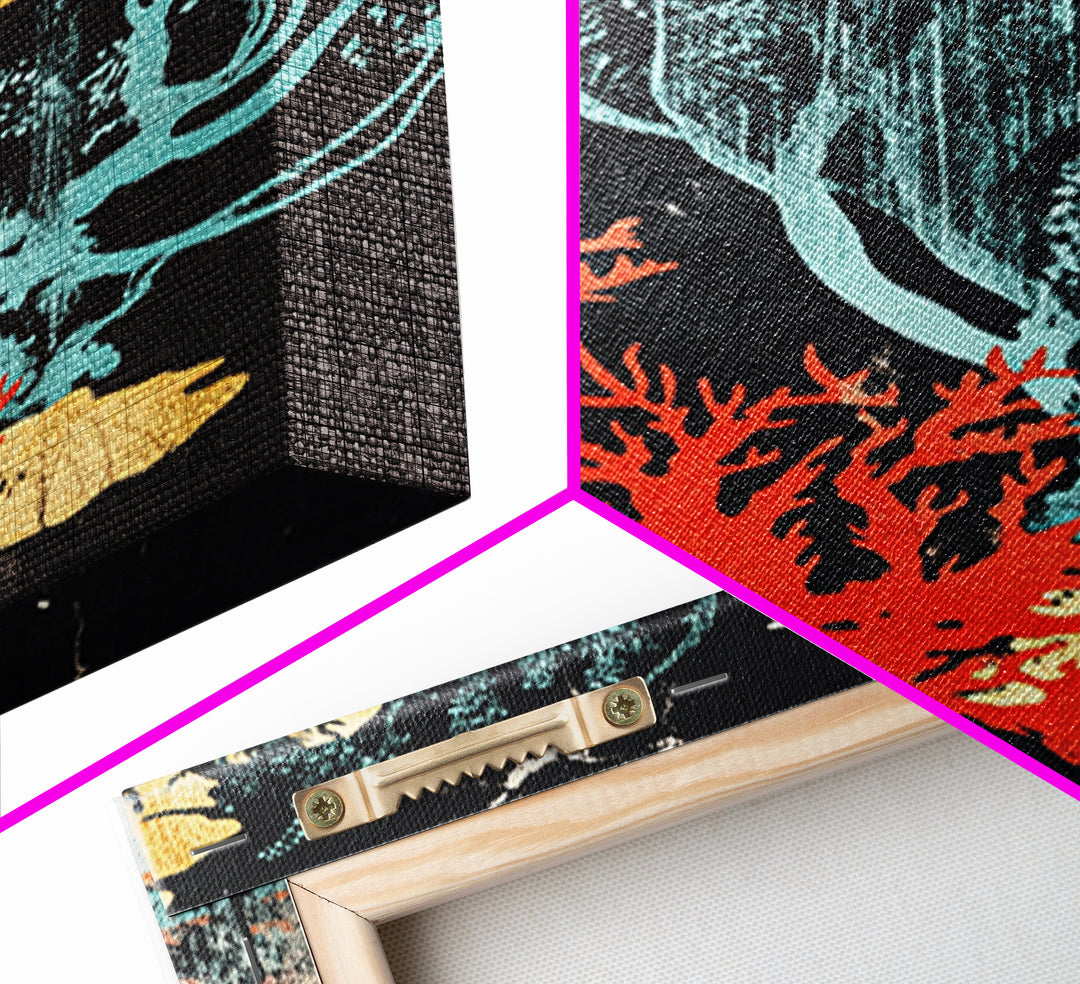 Red Coral And Teal Seaweed Wall Art, Japanese Ocean Canvas Print, Coastal Bathroom Decor, Abstract Marine Life Art Print
