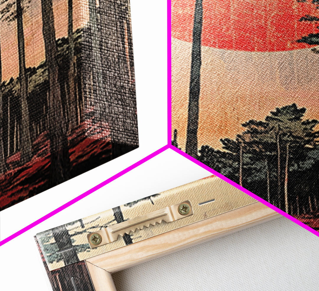 Tall Pine Forest Red Sun Japanese Landscape Wall Art, Japandi Decor, Nature Print, Large Living Room Wall Decor Poster Gift