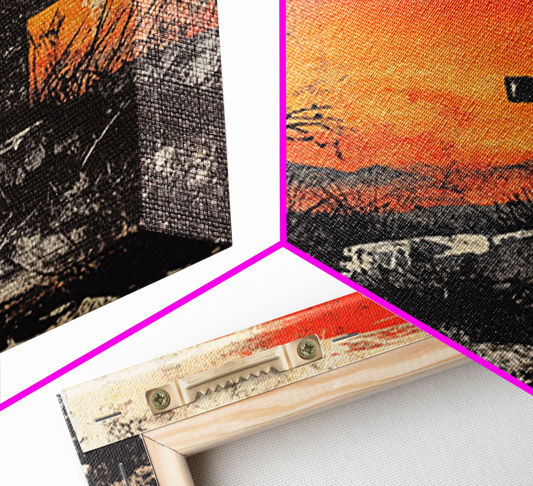 Black Cross At Fiery Sunset Framed Canvas Print, Christian Wall Art, Rustic Landscape, Faith Gift, Moody Home Decor Art