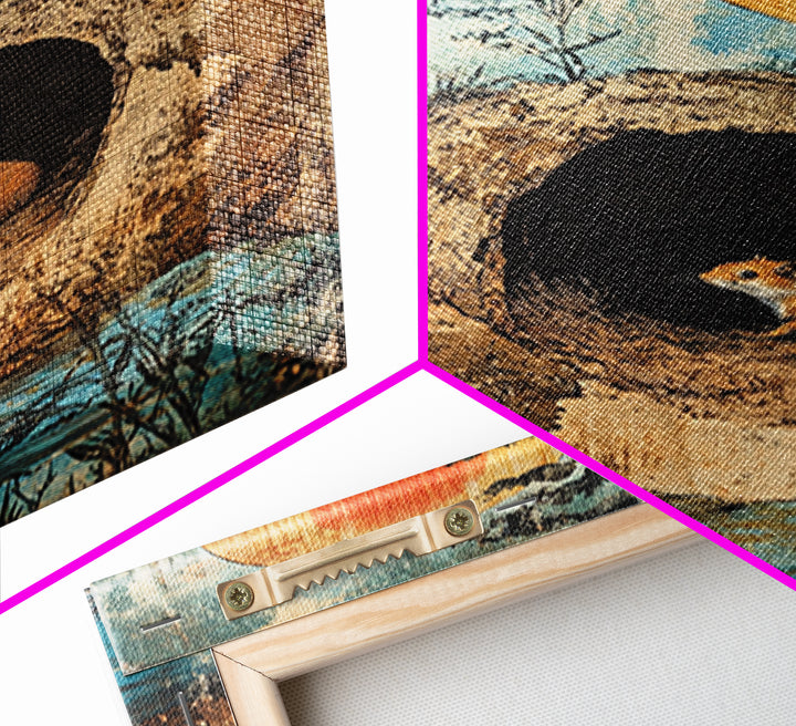 Mouse In Hollow Tree Wall Art, Japanese Nature Print, Whimsical Animal Decor, Orange Sun, Zen Landscape Canvas Print Gift