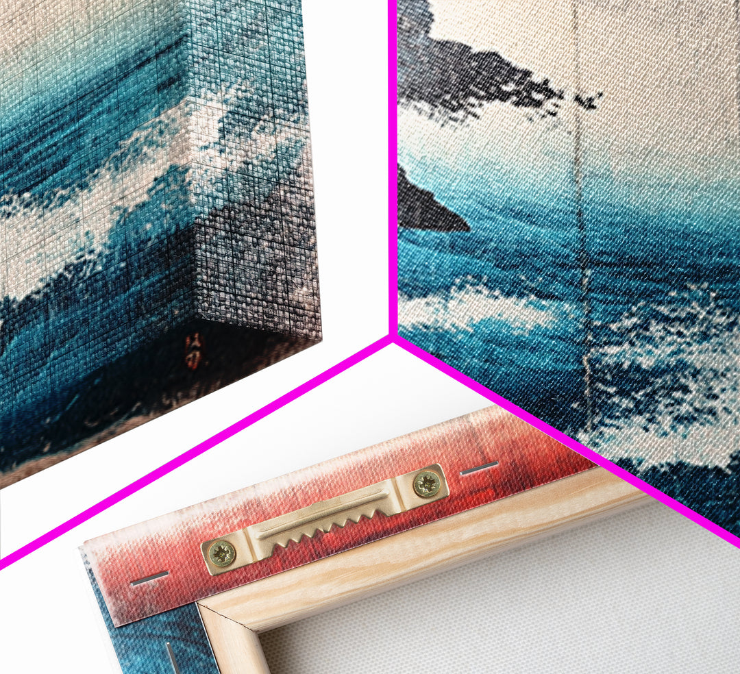 Dramatic Blue Wave And Cliff Canvas Print, Japanese Seascape Wall Decor, Coastal Ocean Art For Living Room Decor, Beach House Gift