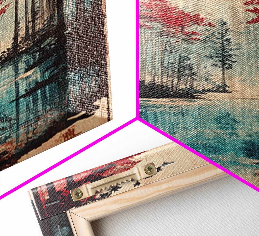 Red Pine Forest Lake Wall Art, Japanese Landscape Print, Moody Nature Wall Decor, Large Living Room Canvas Decor For Home