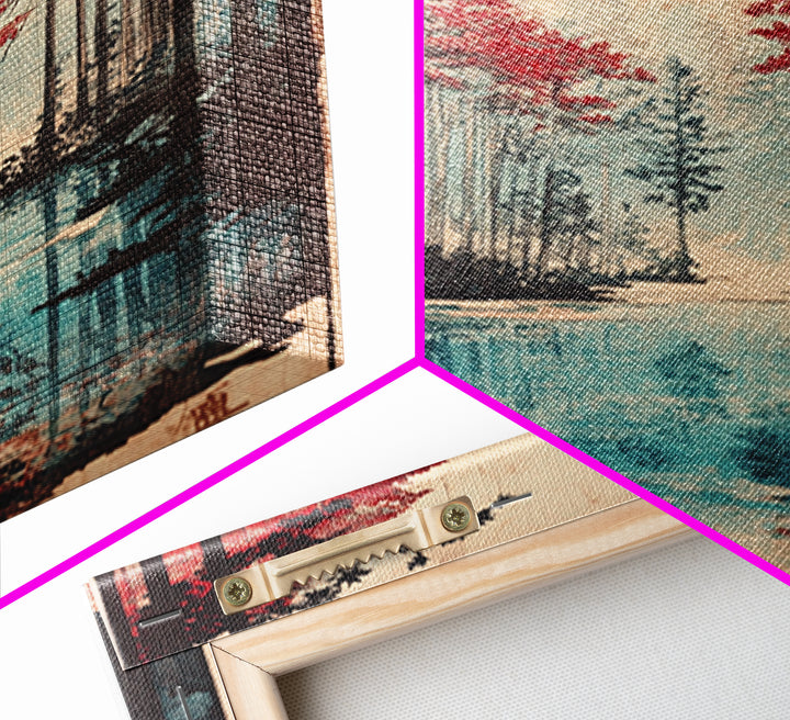 Red Pine Forest Lake Wall Art, Japanese Landscape Print, Moody Nature Wall Decor, Large Living Room Canvas Decor For Home