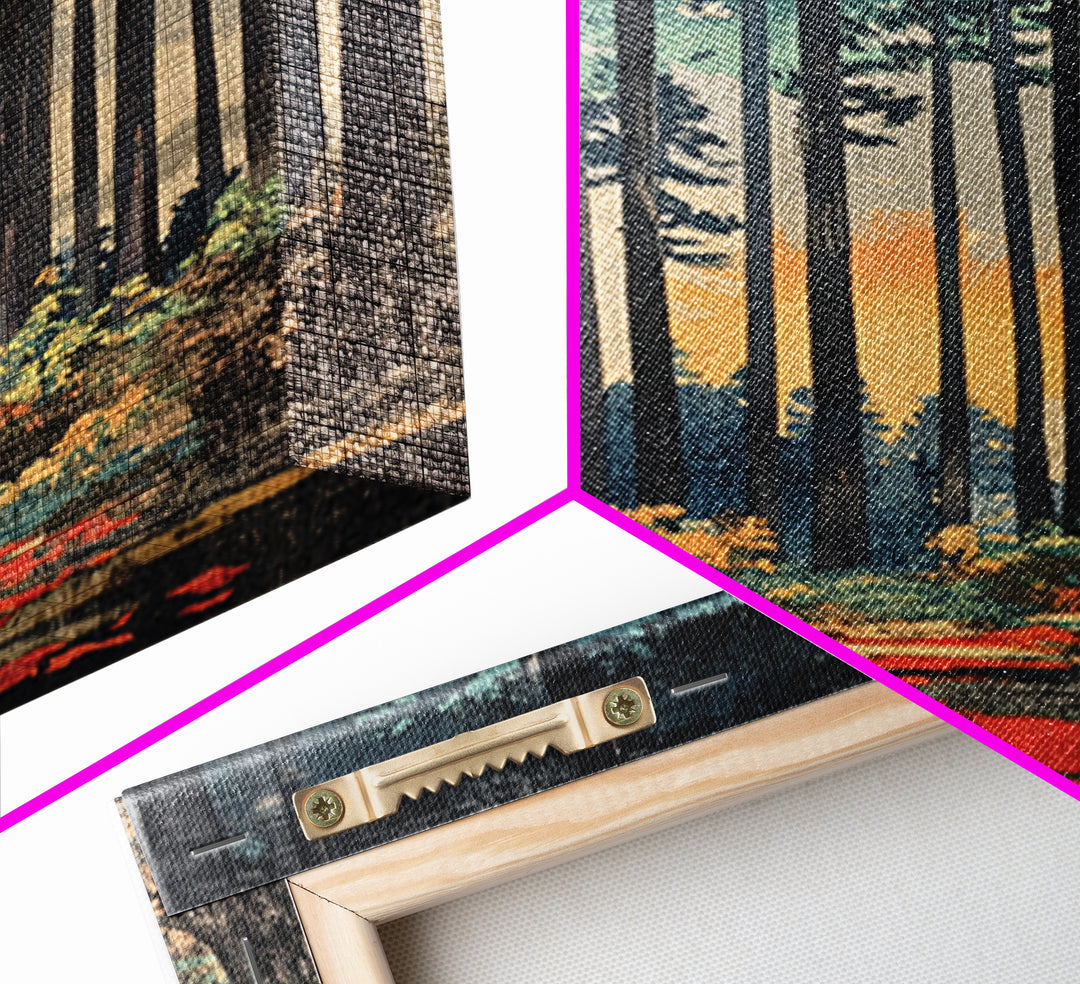 Tall Pine Forest Path At Sunset Wall Art, Nature Wall Decor, Moody Landscape Print, Woodland Canvas For Living Room Decor