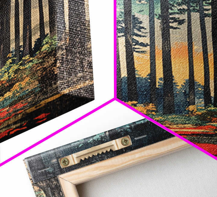 Tall Pine Forest Path At Sunset Wall Art, Nature Wall Decor, Moody Landscape Print, Woodland Canvas For Living Room Decor