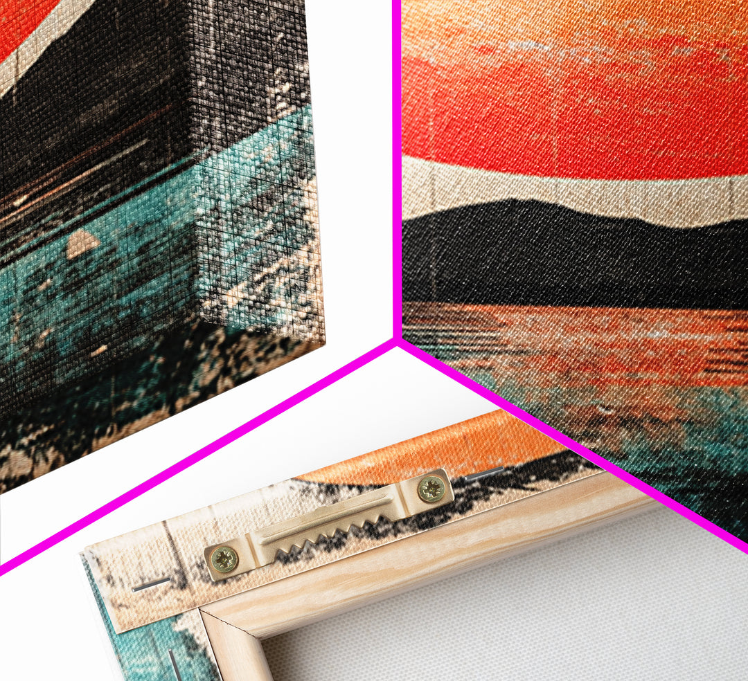 Giant Orange Sun Over Mountain Lake Wall Art, Japanese Wall Decor, Modern Landscape, Teal Canvas Print For Living Room Decor