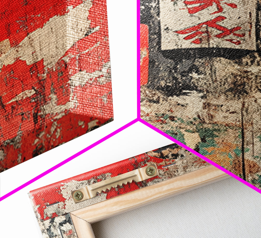 Weathered Japanese Signpost On Red Plaster Wall Art, Rustic Asian Print, Wabi Sabi Decor, Bold Entryway Canvas, Home Decor