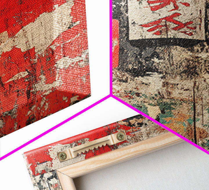 Weathered Japanese Signpost On Red Plaster Wall Art, Rustic Asian Print, Wabi Sabi Decor, Bold Entryway Canvas, Home Decor