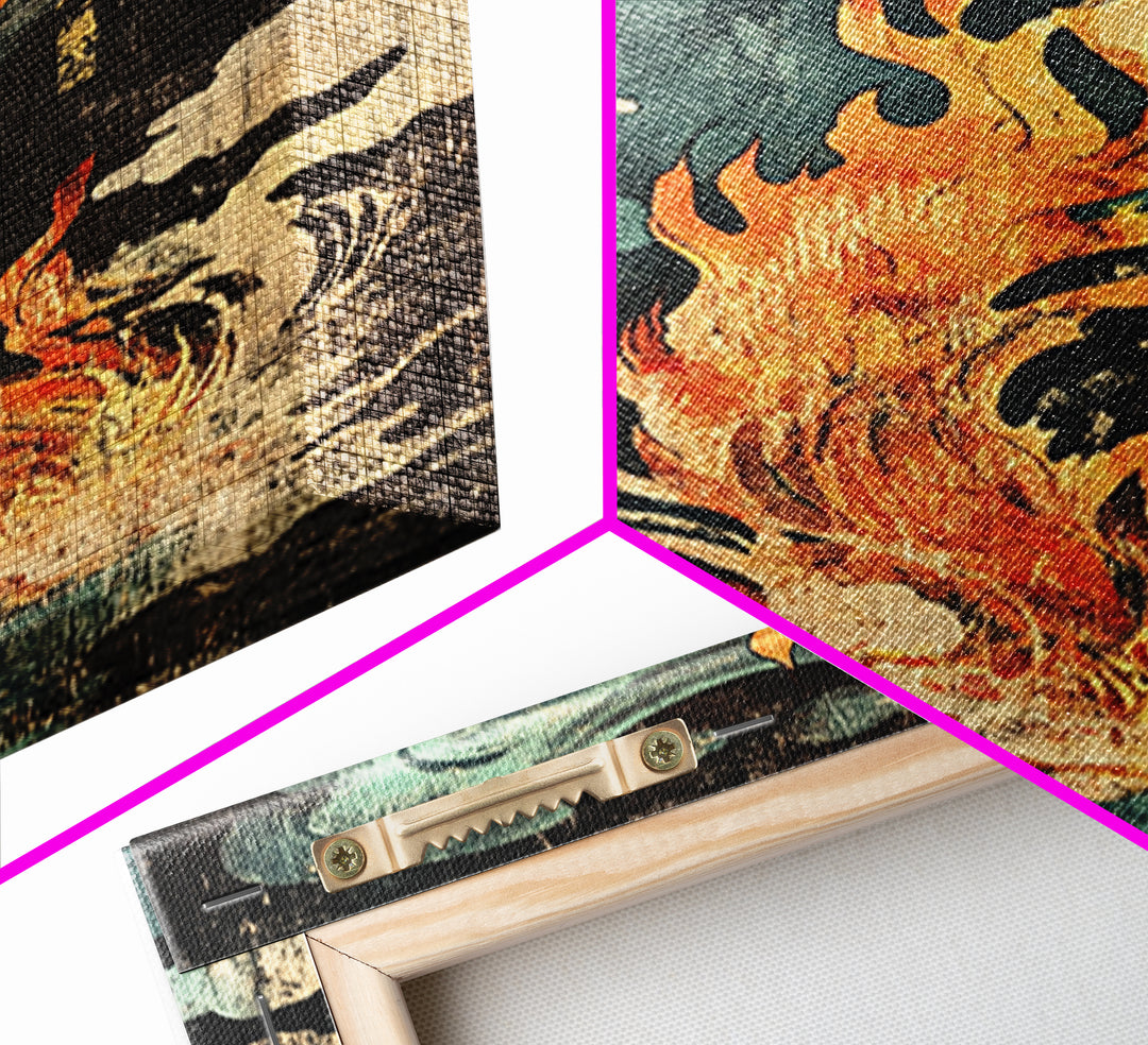 Mystic Fire Under Red Moon Canvas Print, Japanese Folklore Wall Art, Celestial Fantasy Decor, Dark Zen Statement Print, Gift