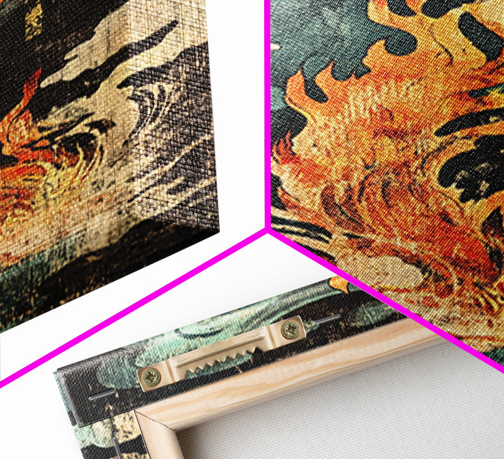 Mystic Fire Under Red Moon Canvas Print, Japanese Folklore Wall Art, Celestial Fantasy Decor, Dark Zen Statement Print, Gift