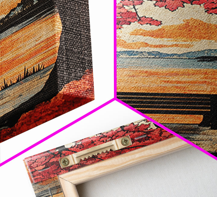 Red Maple Tree Bench By Quiet Lake Wall Art, Japanese Garden Print, Autumn Sunset Decor, Serene Living Room Wall Decor, Housewarming Gift