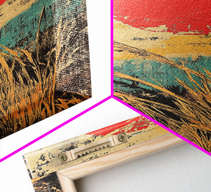 Red Sun Over Golden Reeds Canvas Print, Japanese Landscape Poster, Japandi Wall Decor, Boho Asian Inspired Home Decor, Art Print