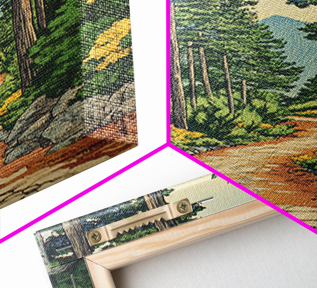 Pine Forest Path With Yellow Flowers Wall Art, Nature Landscape Print, Cabin Decor, Peaceful Framed Canvas Print, Living Room Decor