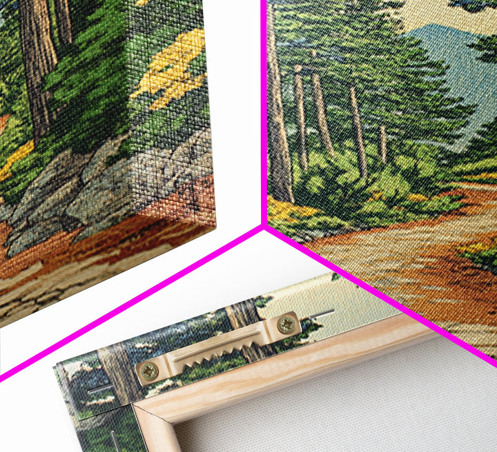 Pine Forest Path With Yellow Flowers Wall Art, Nature Landscape Print, Cabin Decor, Peaceful Framed Canvas Print, Living Room Decor