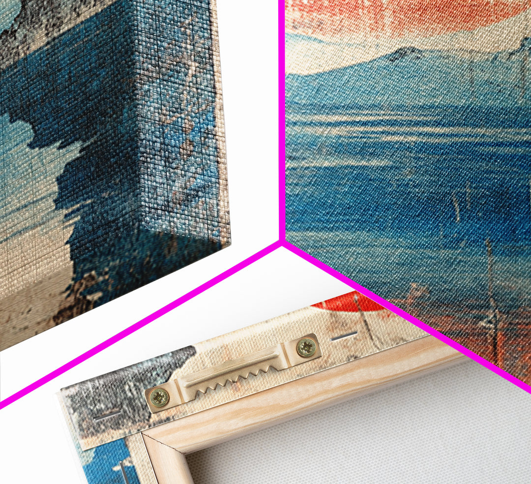 Red Sun Blue Mountain Lake Wall Art, Japanese Woodblock Style Canvas Print, Calm Coastal Landscape Decor For Living Room