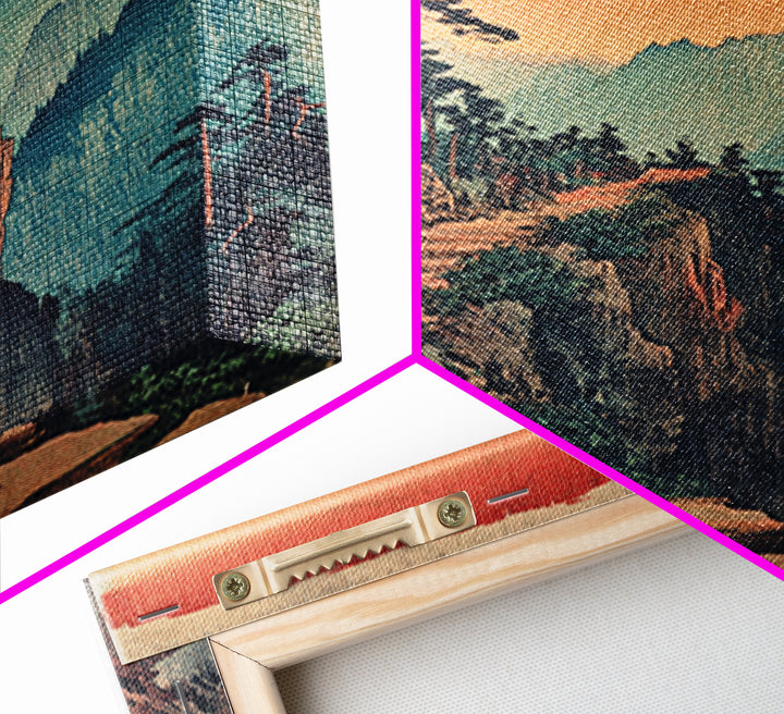 Sunset Mountain Path Pine Forest Wall Art, Japanese Woodblock Landscape Canvas Print, Rustic Nature Decor For Living Room