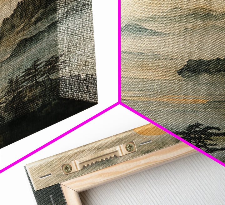 Misty Mountain Lake With Golden Sun Wall Art, Japanese Landscape Canvas Print, Serene Forest Decor, Japandi Home Decor Gift