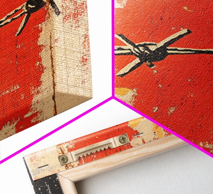 Distressed Barbed Wire On Red Black Wall Art, Industrial Abstract Poster, Edgy Rustic Decor, Modern Canvas Print For Man Cave