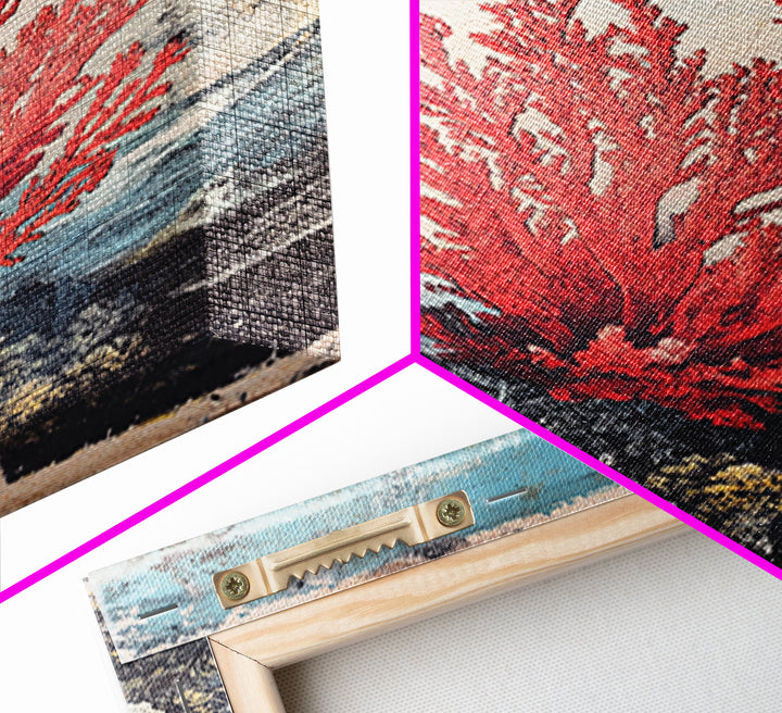 Red Sea Fan Coral On Rocks Wall Art, Coastal Ocean Botanical Print, Nautical Beach House Decor, Framed Canvas Print Gift