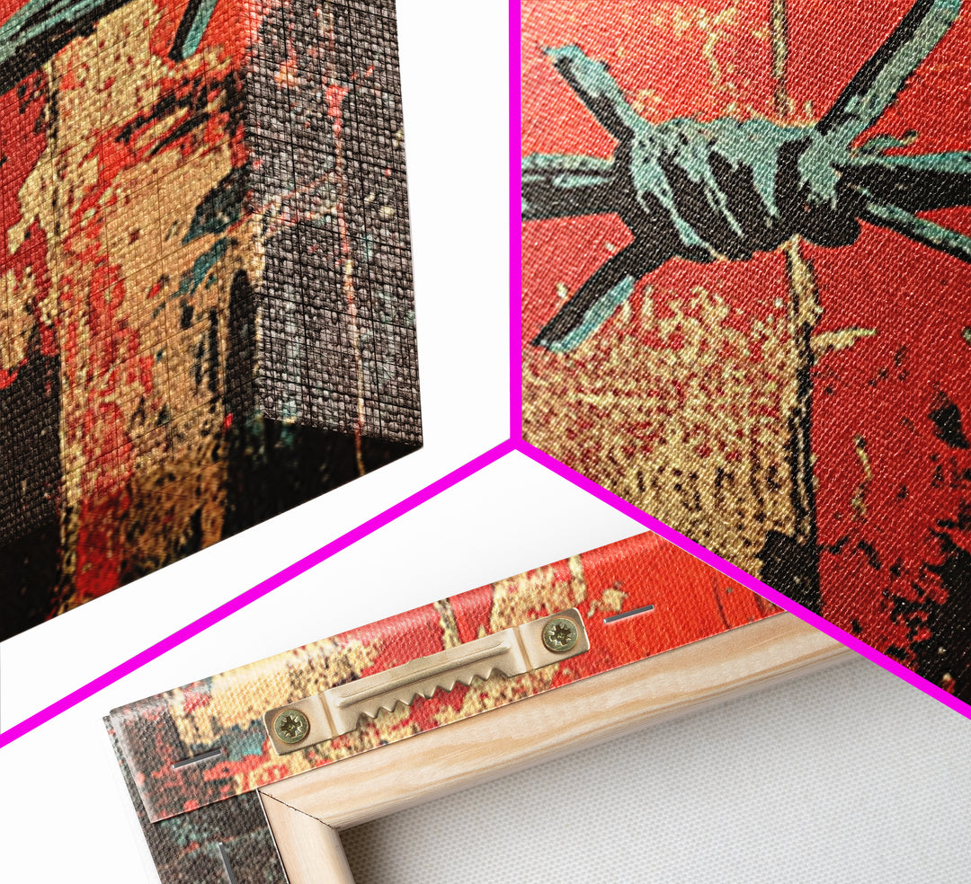 Barbed Wire Abstract Wall Art, Grunge Western Canvas Print, Red Teal Industrial Decor, Bold Rustic Statement Art For Office Decor