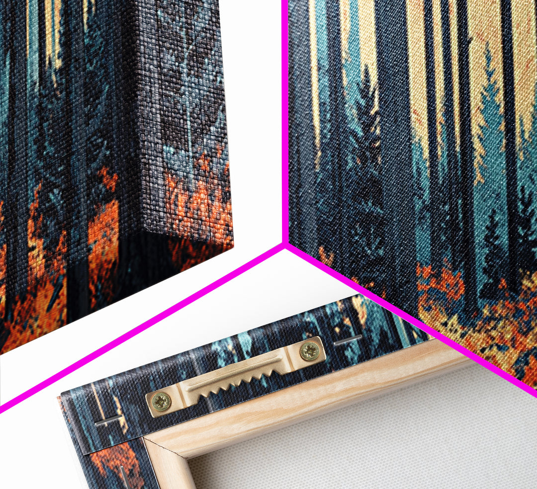 Blue Pine Forest With Orange Leaves Wall Art, Long Horizontal Canvas Print, Woodland Nature Decor, Moody Living Room Art