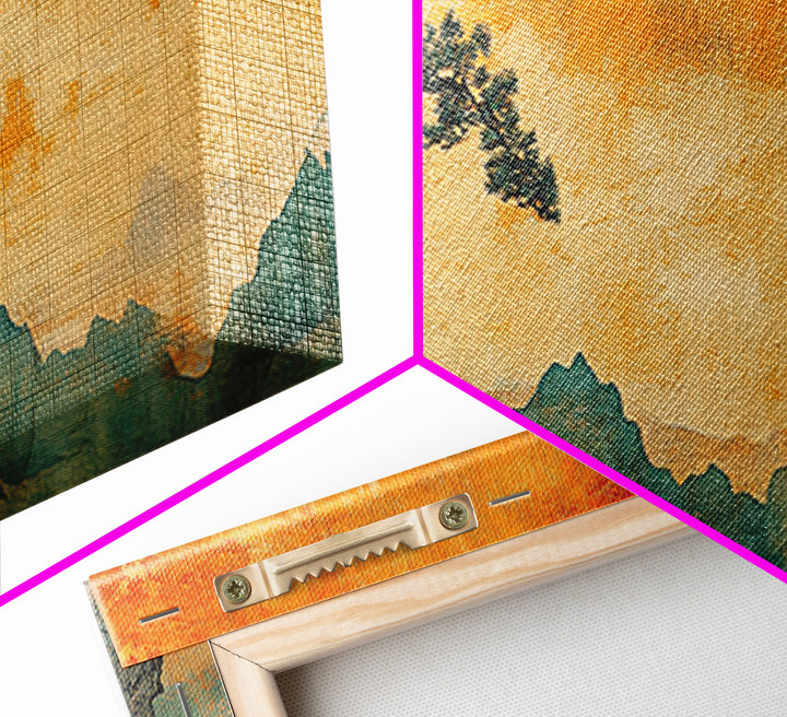 Lone Windblown Pine Orange Mountain Wall Art, Panoramic Canvas Print, Japandi Landscape Decor, Asian Inspired Home Decor