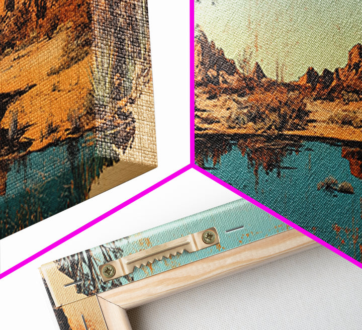 Southwestern Desert Lake Reflection Wall Art, Long Horizontal Canvas Print, Rustic Landscape, Warm Earth Tone Living Room Decor