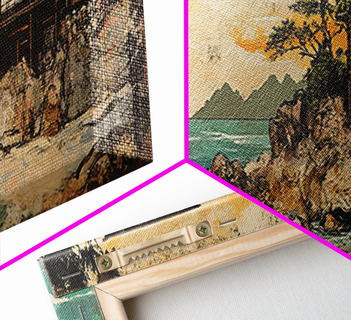 Japanese Seaside House Orange Sunset Wall Art, Framed Canvas Print, Coastal Ocean Landscape, Beach House Living Room Decor