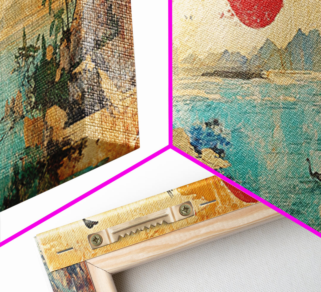 Red Sun Coastal Crane And Deer Wall Art, Panoramic Canvas Print, Japanese Landscape, Bird Wildlife Decor For Living Room
