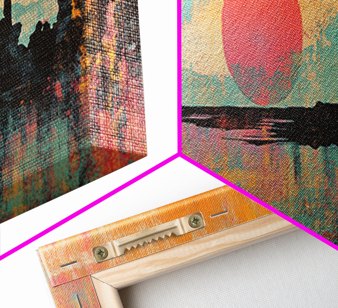 Abstract Orange Sun Over Still Water Wall Art, Framed Canvas Print, Minimalist Seascape, Japandi Modern Coastal Bedroom Decor