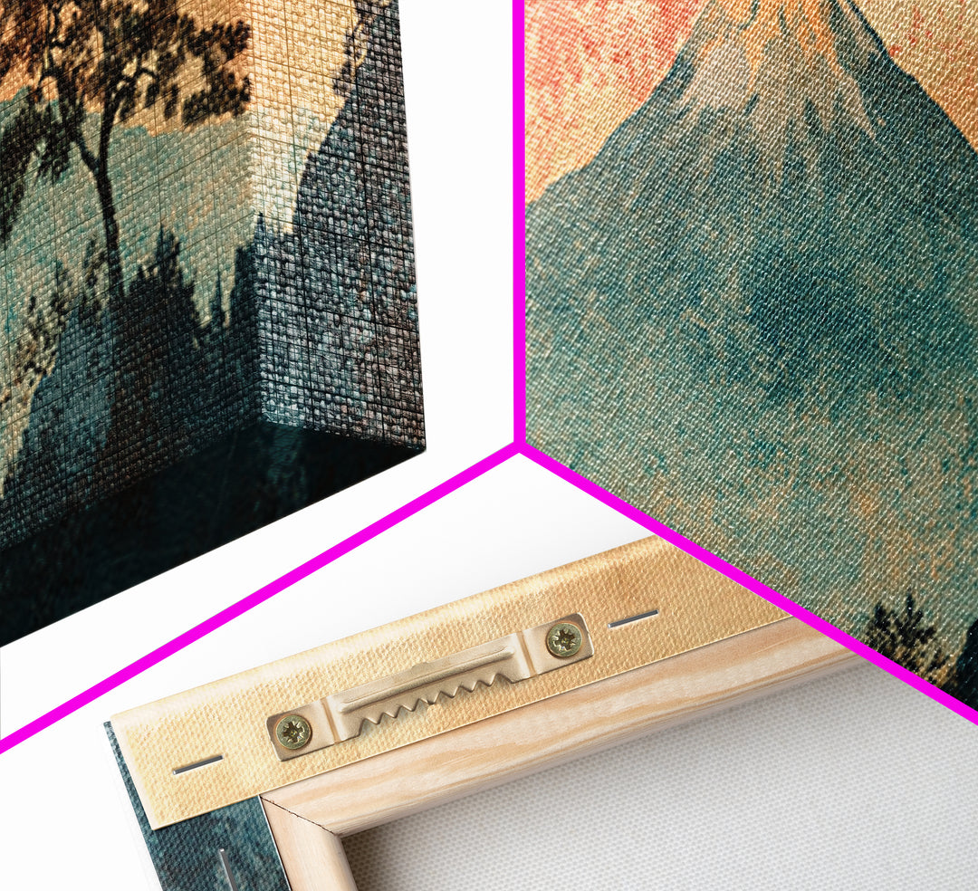 Misty Mount Fuji Pine Tree Wall Art, Long Horizontal Canvas Print, Japanese Landscape, Serene Japandi Nature Living Room Decor