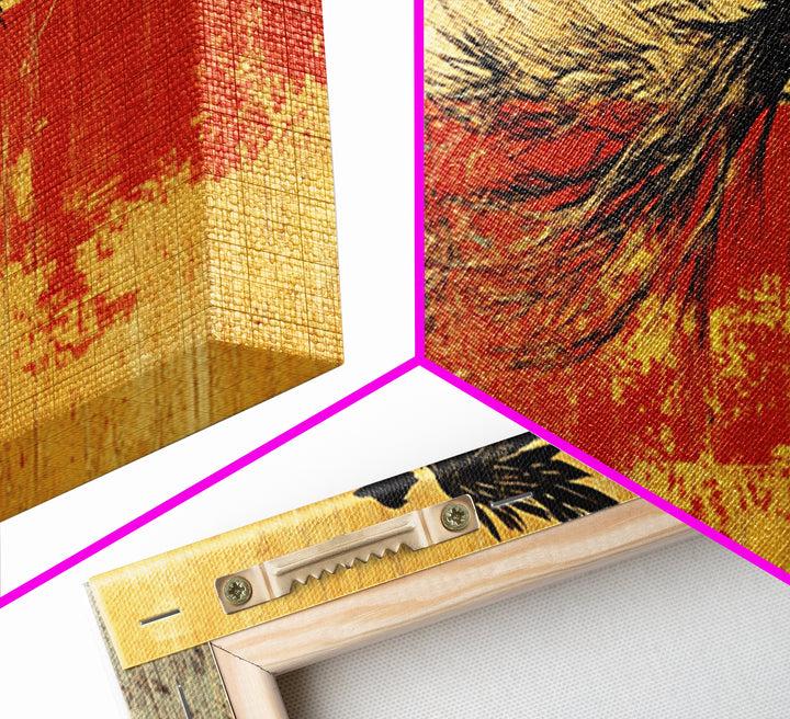 Black Bird In Flight Wall Art, Japanese Raven Print, Red And Gold Abstract Nature Decor, Large Horizontal Canvas For Office