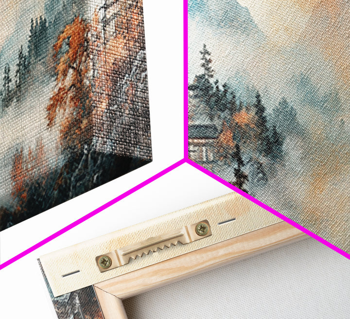 Misty Mountain Temple Framed Canvas Print, Japanese Landscape Art, Zen Lake Wall Decor, Panoramic Living Room Decor Gift