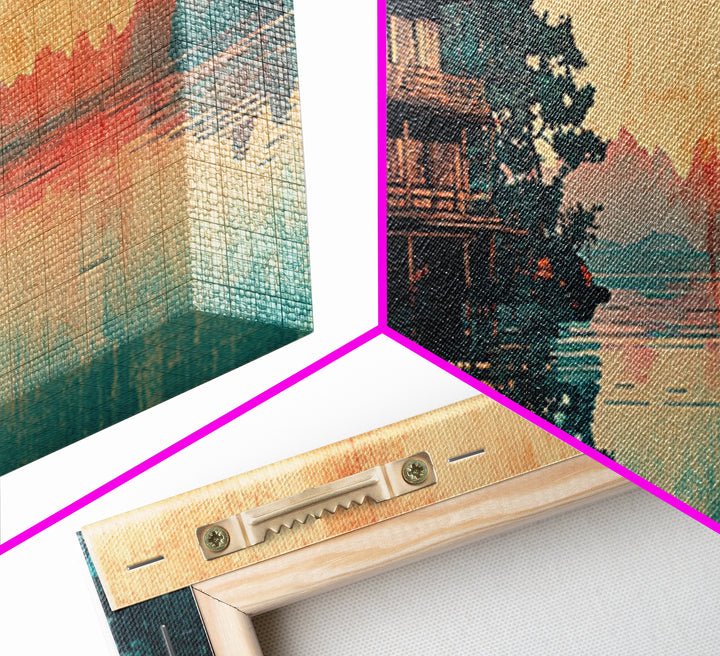 Japanese Pagoda On Misty Lake Wall Art, Panoramic Landscape Print, Asian Inspired Decor, Zen Living Room Wall Decor, Home Decor