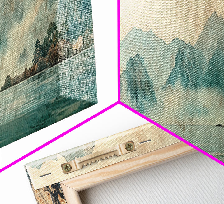 Misty Blue Mountain Lake Wall Art, Japanese Landscape Print, Zen Nature Decor, Panoramic Living Room Wall Decor, Calming Home Decor