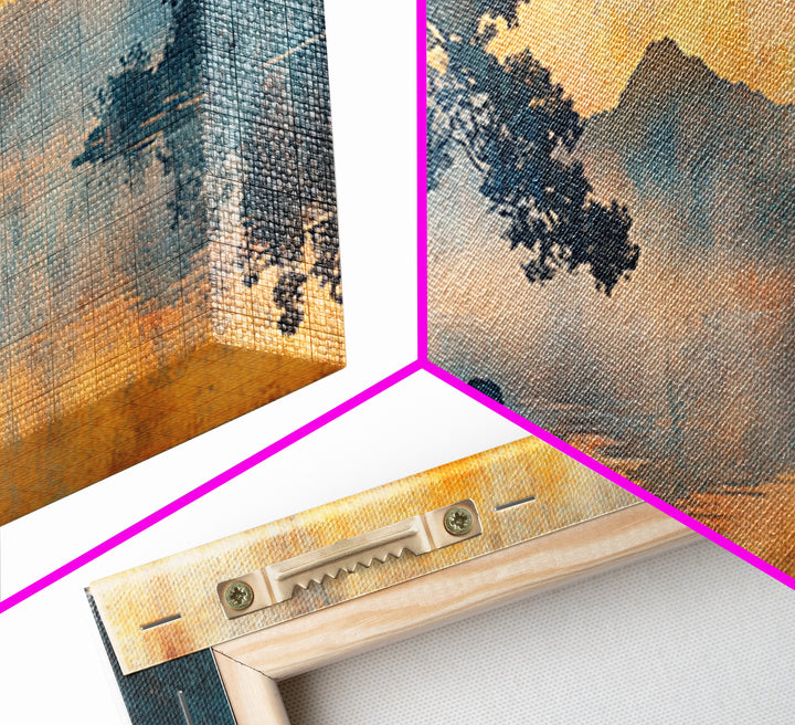 Orange Sunset Pine Lake Canvas Print, Japanese Landscape Wall Art, Moody Nature Decor, Zen Living Room Wall Decor, Warm Home Decor