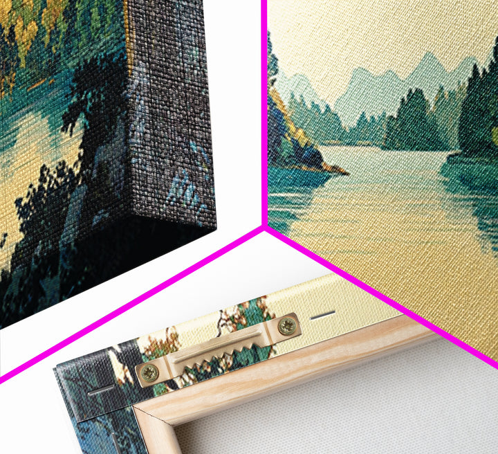 Framed Lake Through Forest Trees Wall Art, Japanese Landscape Print, Scenic Nature Decor, Blue Green Living Room Decor, Home Decor