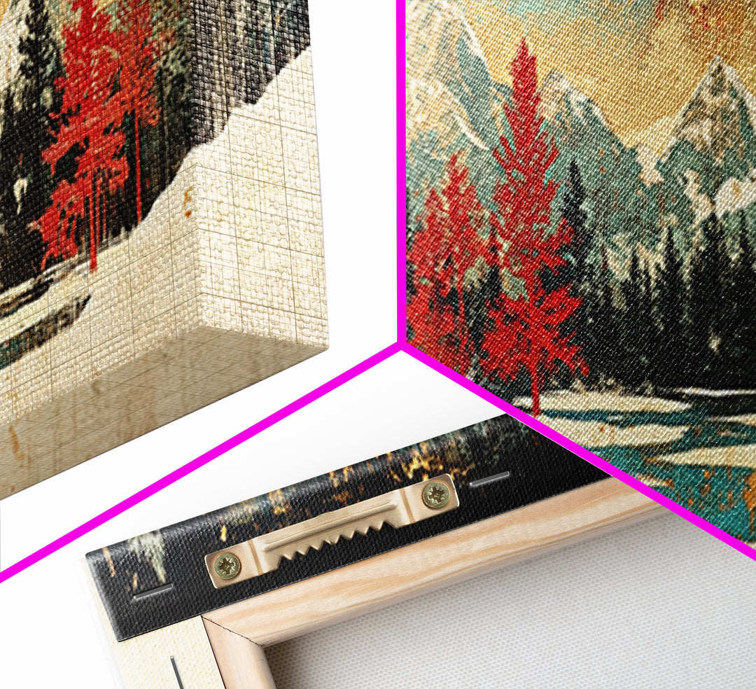Snowy Mountain Forest With Red Pines Framed Canvas Print, Winter Landscape Wall Art, Rustic Cabin Decor For Living Room Decor