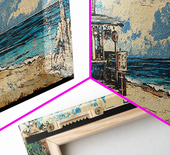 Beachfront Asian Food Shack Wall Art, Tropical Ocean Canvas Print, Coastal Kitchen Decor For Beach House Living Room Decor