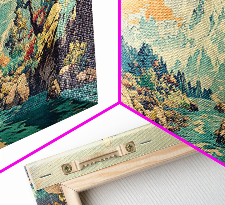 Turquoise River Waterfall And Snowy Pines Framed Canvas Print, Japanese Landscape Art, Mountain Wall Decor, Living Room Decor