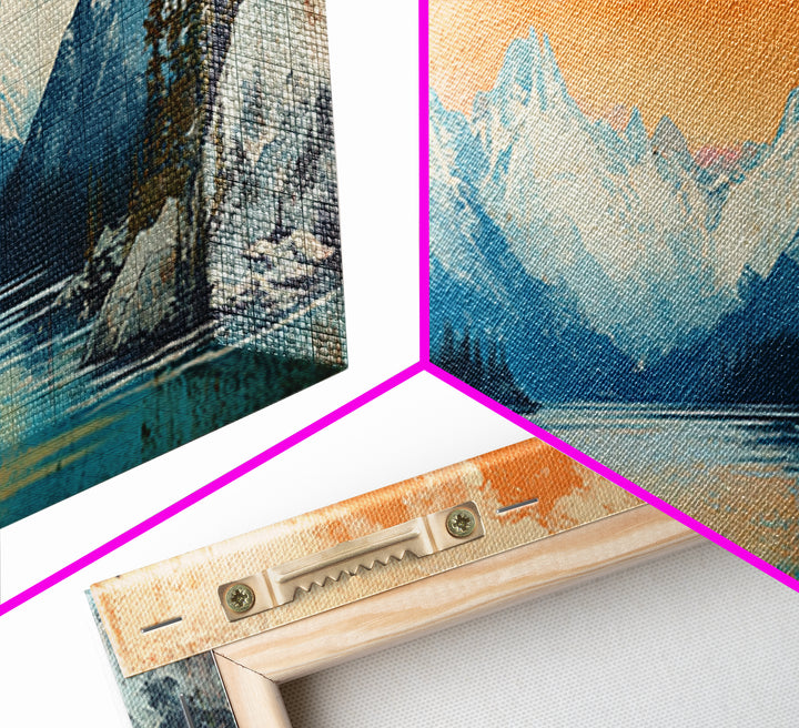 Orange Sunset Alpine Lake Wall Art, Snowy Mountain Landscape Print, Rustic Cabin Decor, Large Horizontal Canvas Home Decor