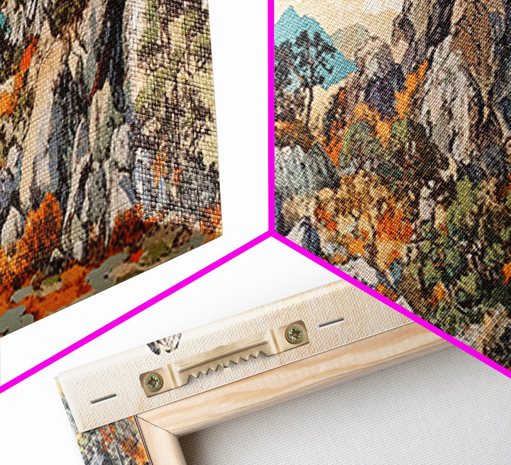 Rock Garden With Pines And Orange Moss Framed Canvas Print, Japanese Landscape Wall Art, Zen Nature Decor, Wide Wall Decor
